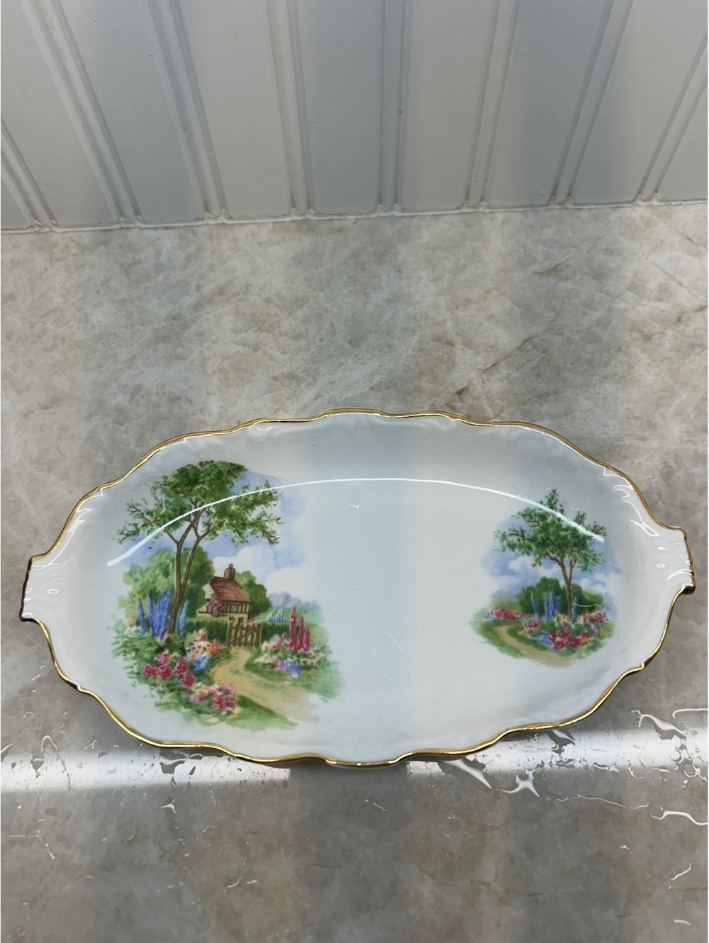 Vintage Queen Anne "Tudor Cottage" Fine Bone China Oval Serving Dish / Platter